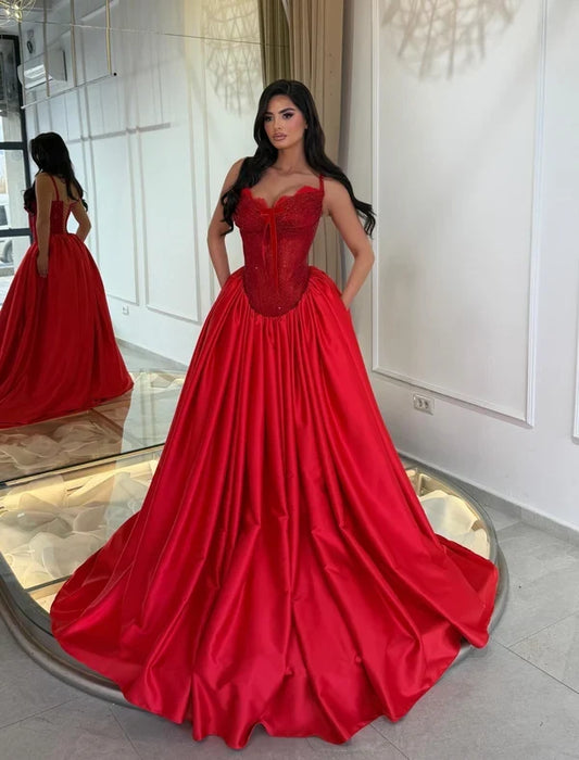 Gorgeous Spaghetti Straps Ball Gown Sweetheart Sleeveless Satin Red Long Prom Dress