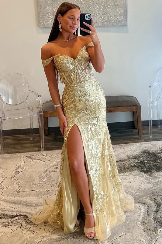 Gorgeous Sparkly Off-the-Shoulder Sweetheart Sleeveless Sequin Slit Floor-Length Mermaid Prom Dress