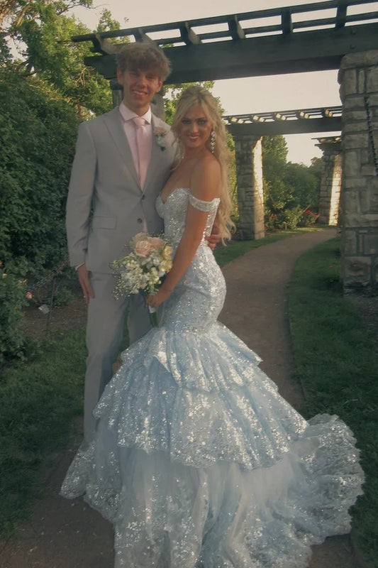 Gorgeous Sparkly Off-the-shoulder Sleeveless Sweetheart Sequin Tulle Ruffled Mermaid Long Prom Dress