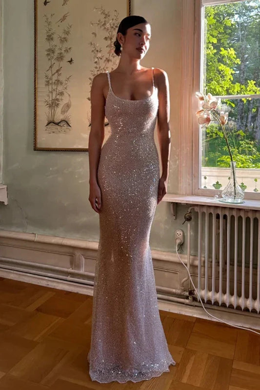 Gorgeous Sparkly Spaghetti Straps Mermaid Scoop Sleeveless Backless Sequin Floor-Length Prom Dress