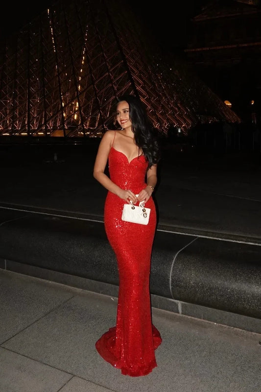 Gorgeous Sparkly Sweetheart Sleeveless Fitted Sequin Red Floor-Length Mermaid Evening Dress