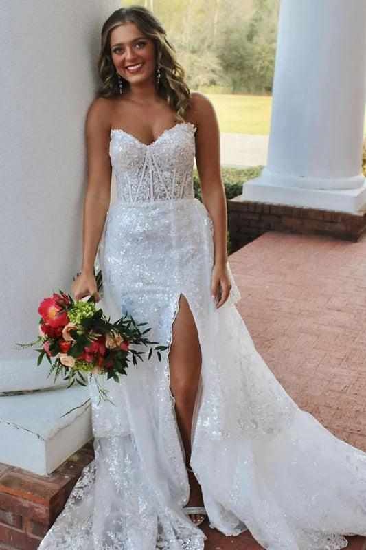 Gorgeous Sparkly Sweetheart Sleeveless Tiered Sequin Tulle Long Prom Dress With Slit