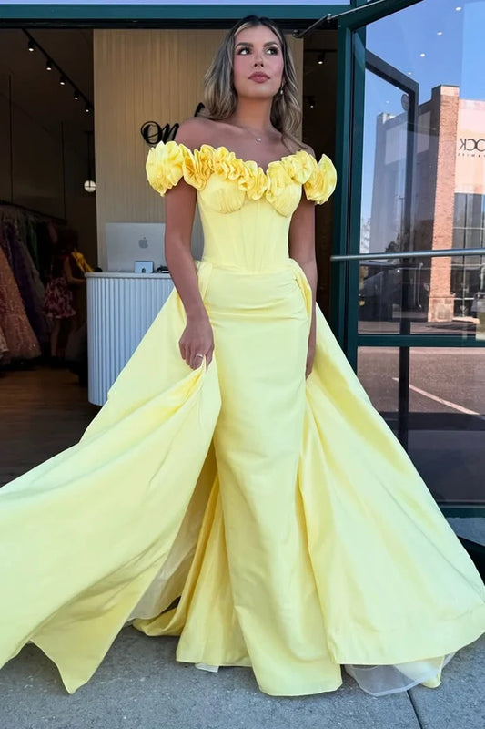 Gorgeous Yellow Off-the-Shoulder Short Sleeve Ruffled Bodice Floor-Length Prom Dress