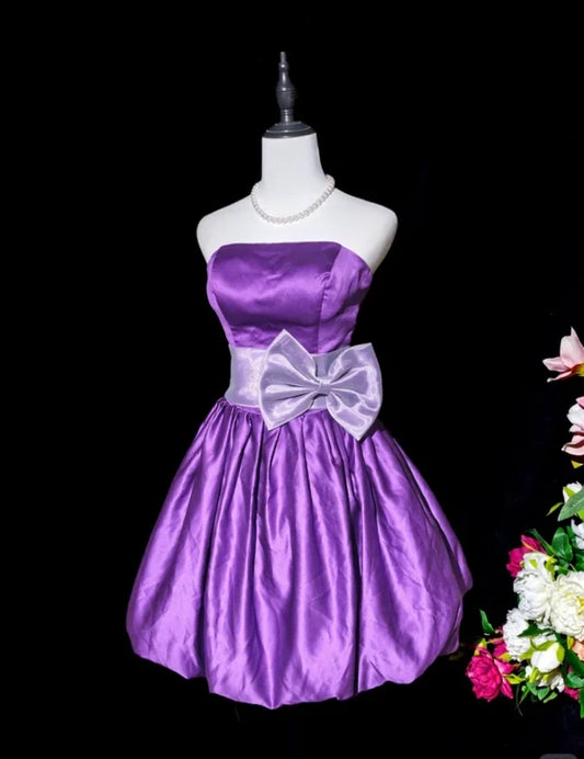 Lovely A-Line Strapless Sleeveless Bow Purple Satin Short Length Homecoming Dress