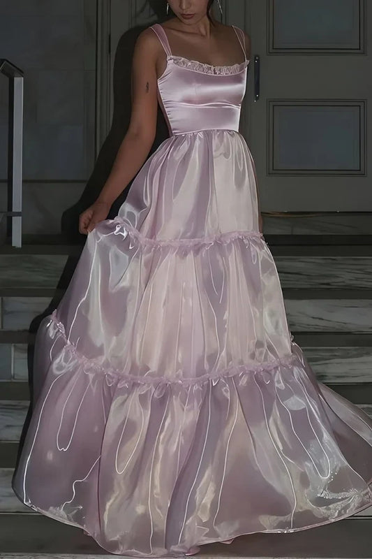 Lovely A Line Square Neck Sleeveless Ruffled Tiered Floor-Length Prom Dress