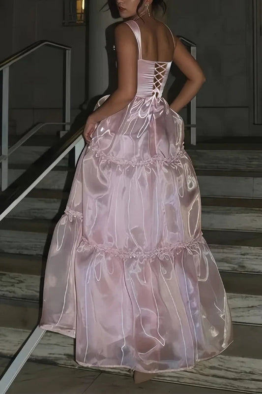 Lovely A Line Square Neck Sleeveless Ruffled Tiered Floor-Length Prom Dress