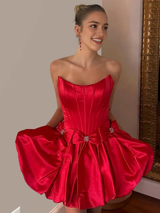 Lovely A Line Strapless Sleeveless Bow Detail Satin Short Homecoming Party Dress
