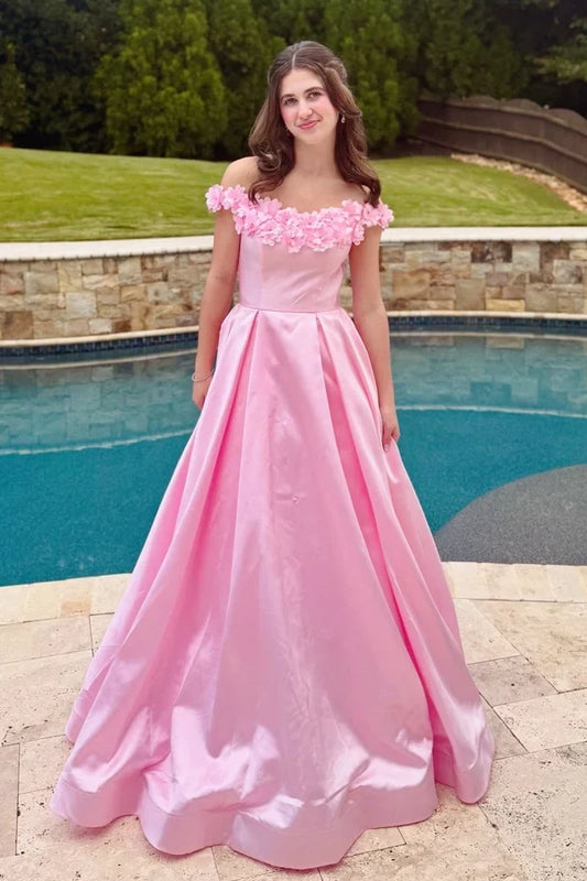 Lovely Ball Gown Off-the-Shoulder Sleeveless Floral Applique Satin Pink Floor-Length Prom Dress