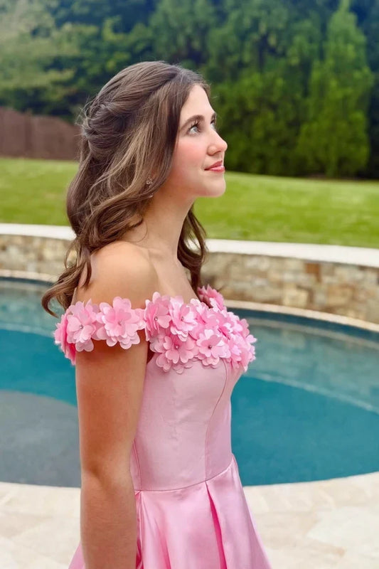 Lovely Ball Gown Off-the-Shoulder Sleeveless Floral Applique Satin Pink Floor-Length Prom Dress