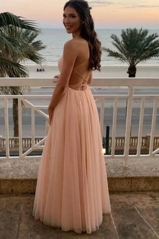 Romantic A-Line Spaghetti Straps Sleeveless Tulle Floor-Length Prom Dress with Appliques