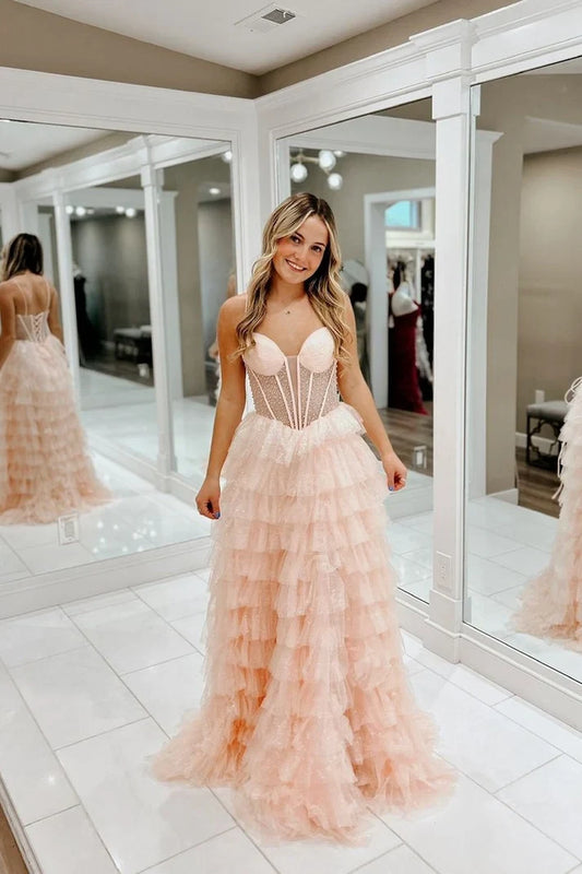 Romantic A-Line Sweetheart Sleeveless Ruffled Tiered Tulle Floor-Length Prom Dress