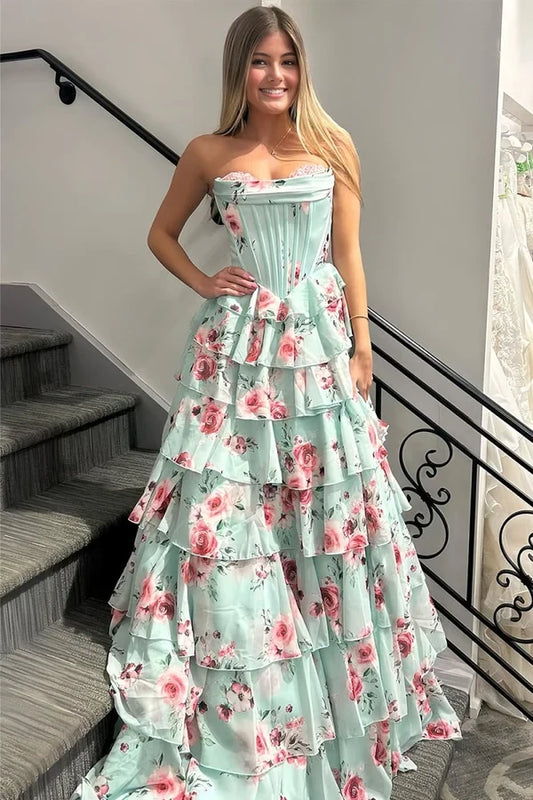 Romantic A-Line Sweetheart Sleeveless Tiered Ruffle Floral Chiffon Floor-Length Prom Dress