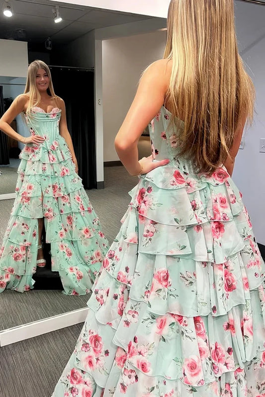 Romantic A-Line Sweetheart Sleeveless Tiered Ruffle Floral Chiffon Floor-Length Prom Dress