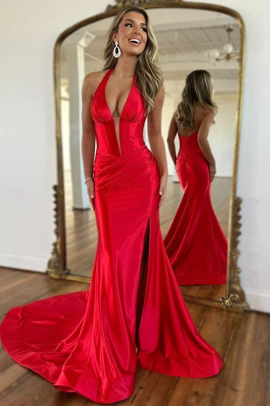 Sexy Mermaid Halter Sleeveless Slit Ruched Satin Red Long Party Dress