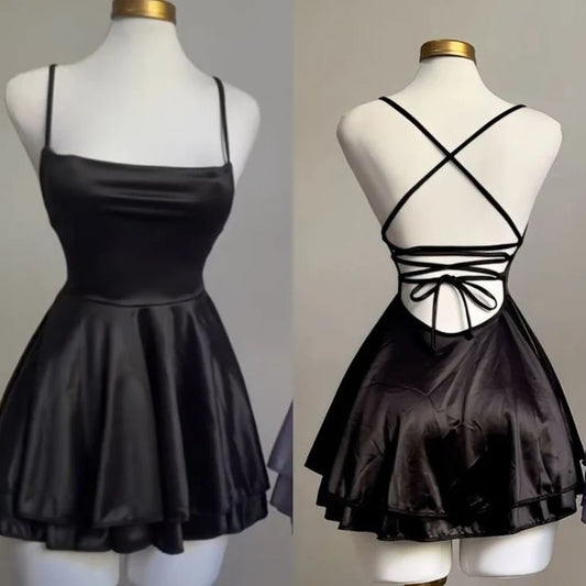 Simple A-Line Spaghetti Straps Sleeveless Lace-Up Back Satin Black Short Homecoming Party Dress