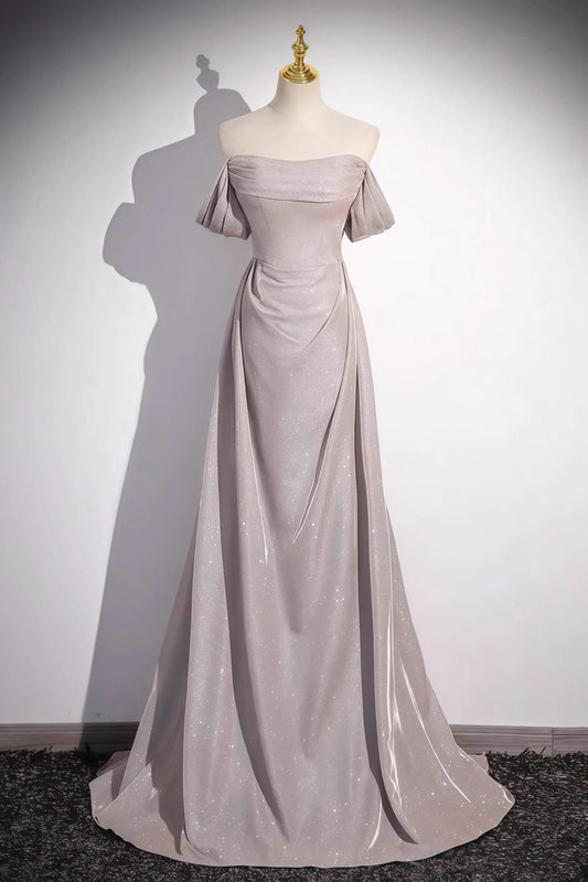 Sparkly A-Line Off-the-Shoulder Short Sleeve Glittery Lace-Up Back Dolphin Grey Floor-Length Prom Dress