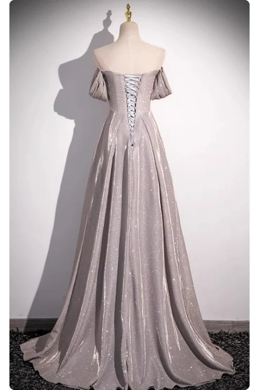 Sparkly A-Line Off-the-Shoulder Short Sleeve Glittery Lace-Up Back Dolphin Grey Floor-Length Prom Dress