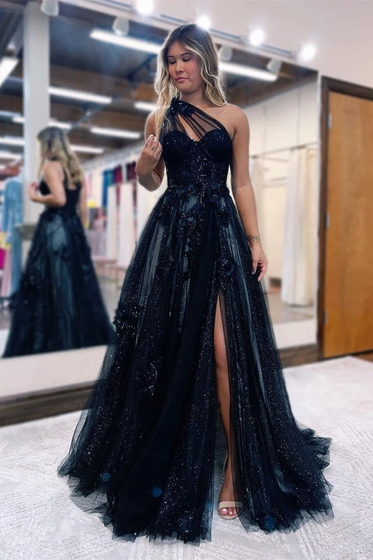 Sparkly A-Line One-Shoulder Sleeveless Glitter Slit Tulle Black Floor-Length Prom Dress