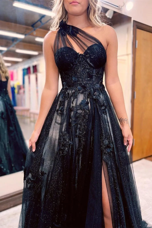 Sparkly A-Line One-Shoulder Sleeveless Glitter Slit Tulle Black Floor-Length Prom Dress