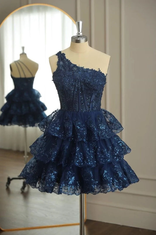 Sparkly A-Line One-Shoulder Sleeveless Tiered Ruffle Sequin Tulle Navy Short Homecoming Dress