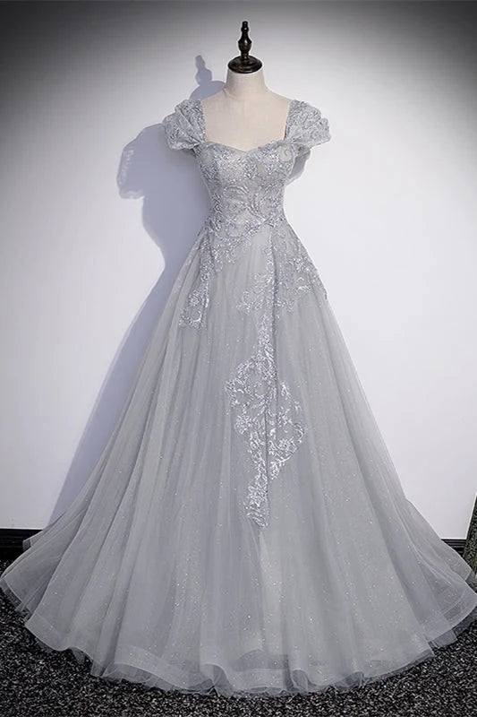 Sparkly A-Line Square Neck Short Sleeve Glitter Lace Tulle Silver Floor-Length Prom Dress