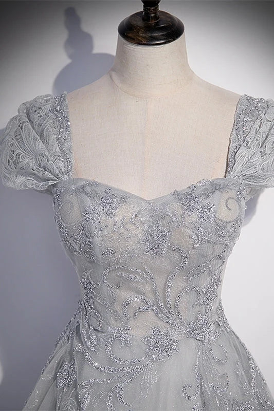 Sparkly A-Line Square Neck Short Sleeve Glitter Lace Tulle Silver Floor-Length Prom Dress