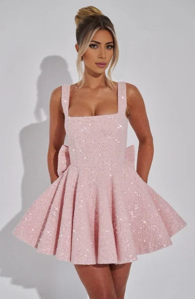 Sparkly A-Line Square Neck Sleeveless Big Bow Back Sequin Blushing Pink Short Homecoming Dress