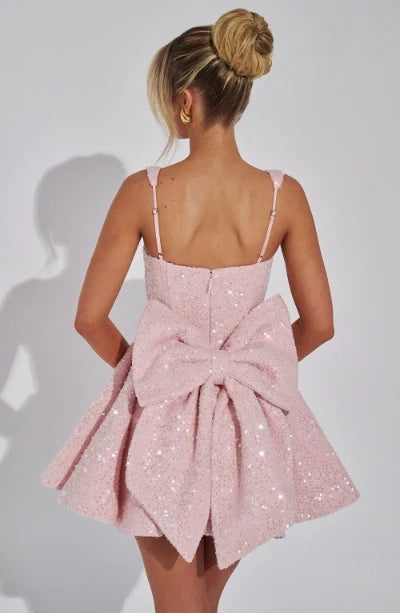 Sparkly A-Line Square Neck Sleeveless Big Bow Back Sequin Blushing Pink Short Homecoming Dress