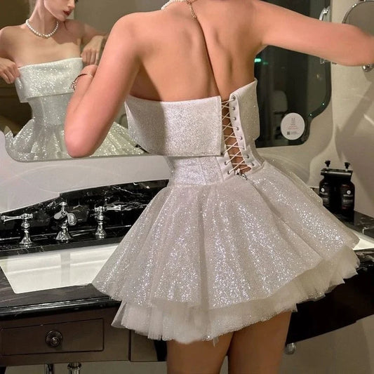 Sparkly A-Line Strapless Sleeveless Tiered Short Party Homecoming Dress