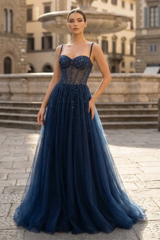 Sparkly A-Line Sweetheart Sleeveless Beaded Tulle Floor-Length Prom Dress