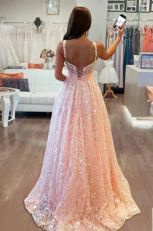 Sparkly A-Line Sweetheart Sleeveless Sequined Lace Floor-Length Prom Dress with Bow