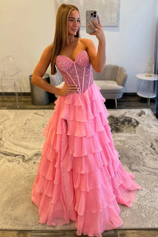 Sparkly A-Line Sweetheart Sleeveless Sequined Ruffled Pink Floor-Length Prom Dress