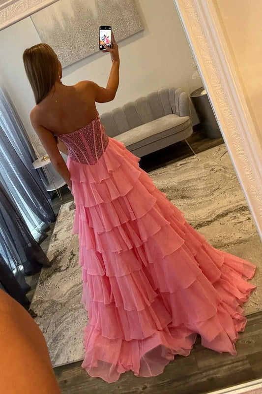 Sparkly A-Line Sweetheart Sleeveless Sequined Ruffled Pink Floor-Length Prom Dress