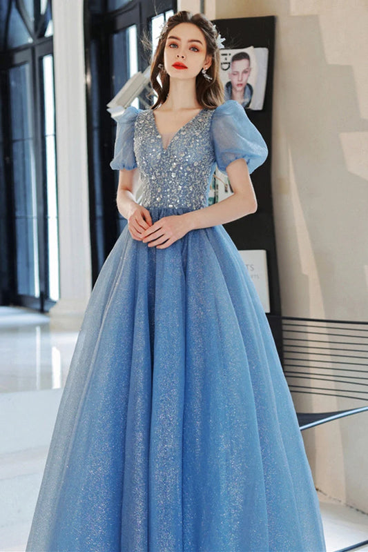 Sparkly A-Line V-Neck Short Sleeve Sequin Sky Blue Floor-Length Prom Dress