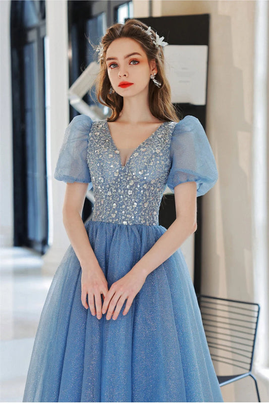 Sparkly A-Line V-Neck Short Sleeve Sequin Sky Blue Floor-Length Prom Dress
