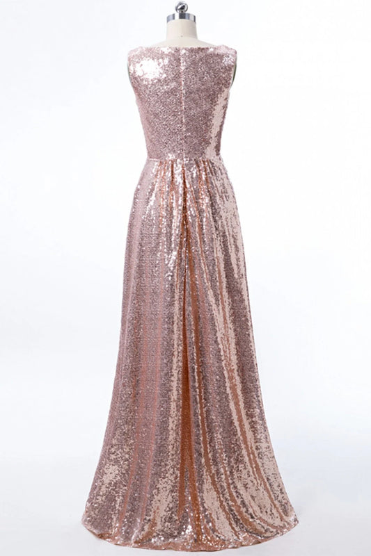 Sparkly A-Line V-Neck Sleeveless Glittering Sequin Blushing Pink Floor-Length Prom Dress