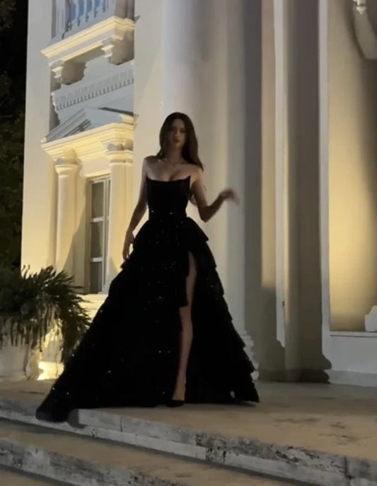 Sparkly A Line Strapless Sleeveless High Slit Tiered Sequin Black Floor-Length Prom Dress