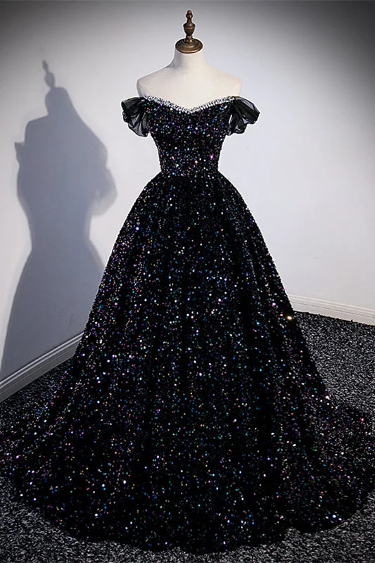 Sparkly Ball Gown Off-the-Shoulder Puff Sleeve Sequin Embellished Black Floor-Length Prom Dress