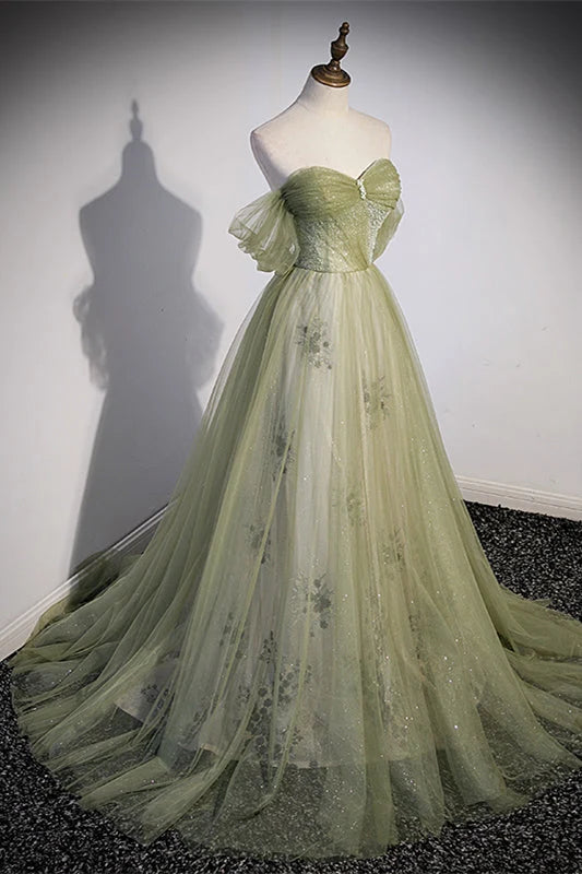 Sparkly Elegant A-Line Sweetheart Off-the-Shoulder Tulle Sage Floor-Length Prom Dress