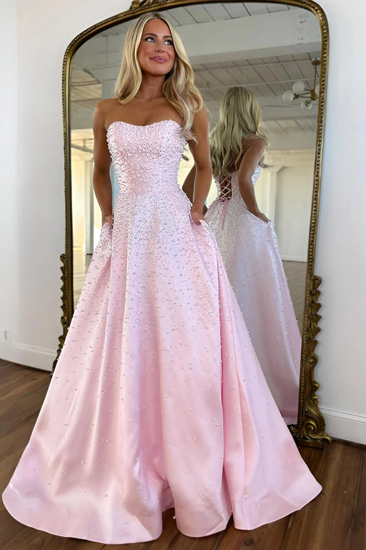 Sparkly Elegant A-Line Sweetheart Sleeveless Beaded Satin Blushing Pink Floor-Length Prom Dress