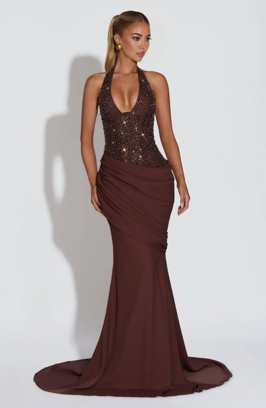 Sparkly Mermaid Halter V-Neck Sleeveless Sequin Draped Chocolate Floor-Length Prom Dress