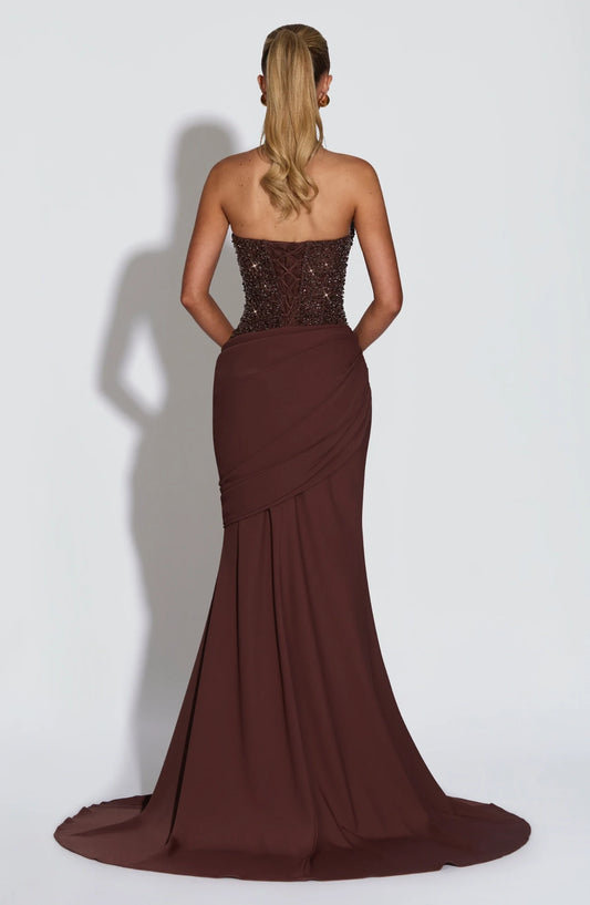 Sparkly Mermaid Halter V-Neck Sleeveless Sequin Draped Chocolate Floor-Length Prom Dress