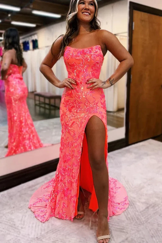 Sparkly Mermaid Strapless Sleeveless High Slit Lace-Up Long Prom Dress