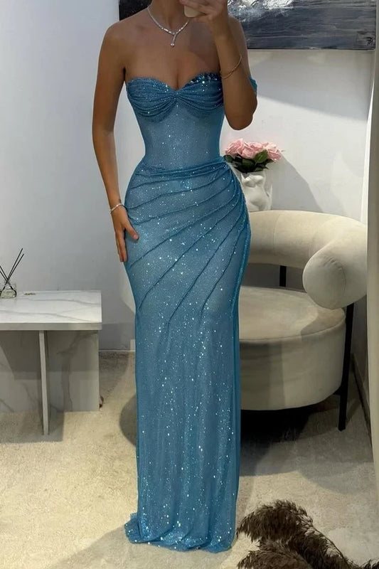 Stylish Mermaid Sweetheart Sleeveless Ruched Glitter Floor-Length Prom Dress