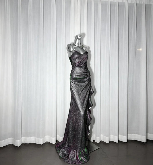 Sparkly Mermaid Sweetheart Sleeveless Ruched Ruffle Slit Sequin Dark Floor-Length Prom Dress