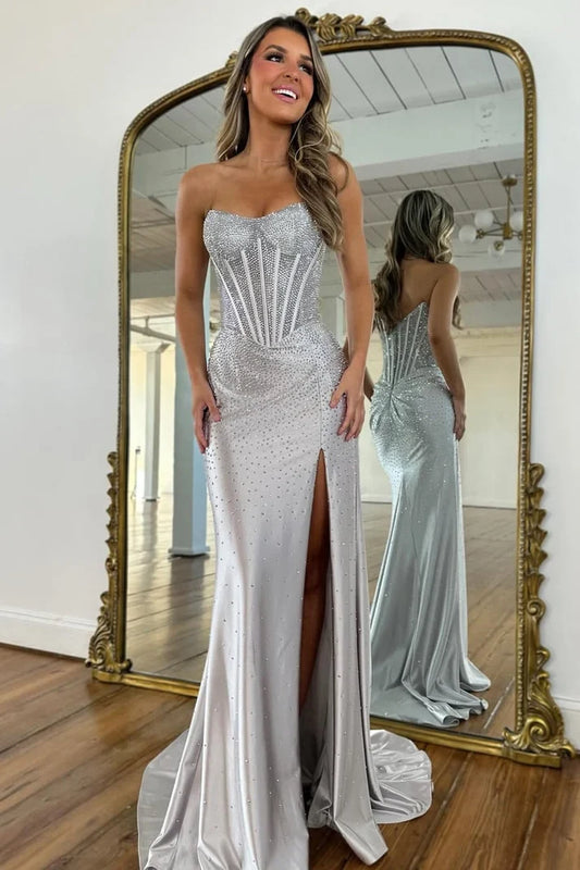 Sparkly Mermaid Sweetheart Sleeveless Satin Silver Floor-Length Prom Dress With Slit