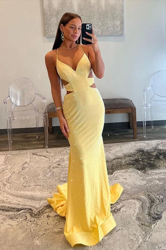 Sparkly Mermaid V-Neck Sleeveless Cutout Backless Beaded Floor-Length Prom Dress