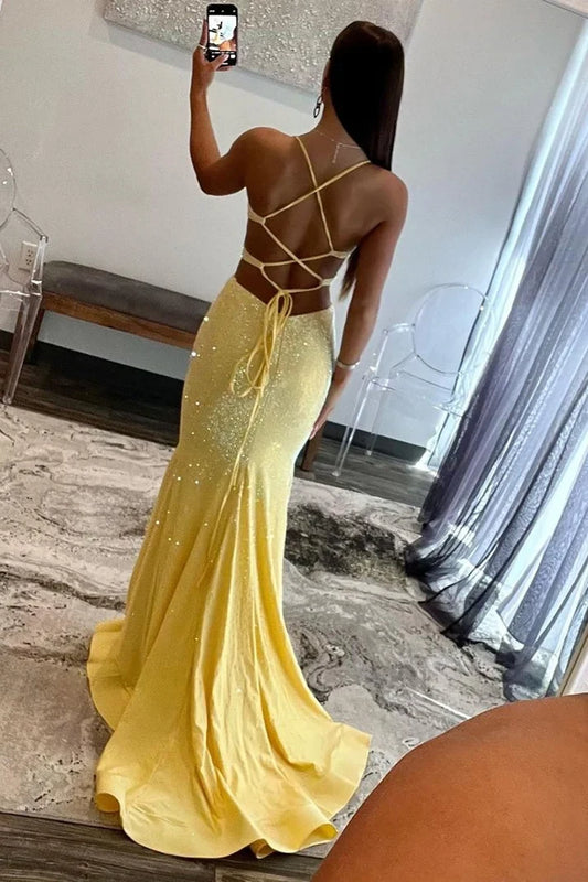 Sparkly Mermaid V-Neck Sleeveless Cutout Backless Beaded Floor-Length Prom Dress