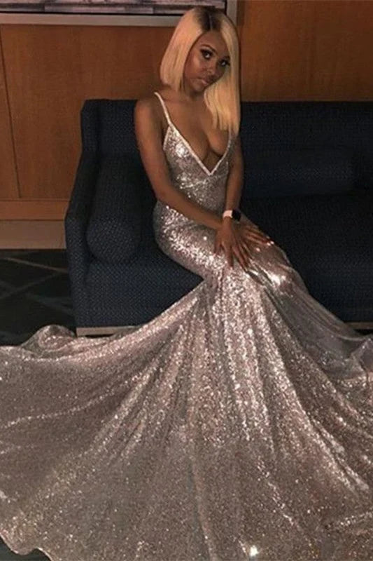 Sparkly Mermaid V-Neck Sleeveless Glittering Sequin Long Formal Prom Dress