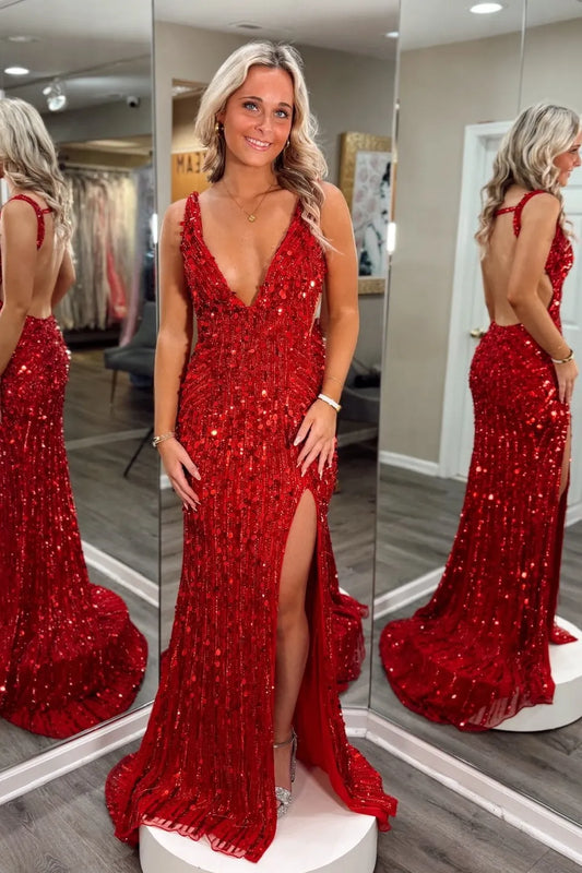Sparkly Mermaid V-Neck Sleeveless High Slit Open Back Sequin Red Floor-Length Prom Dress
